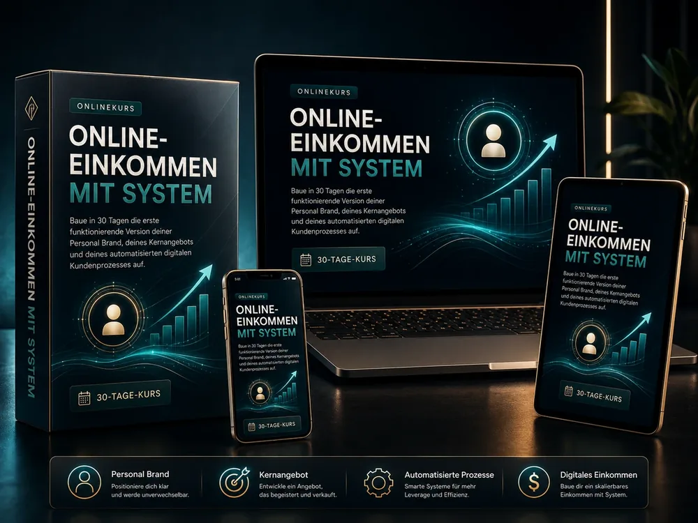 Premium-Kursmockup Online-Einkommen mit System auf Kursbox, Laptop, Tablet und Smartphone