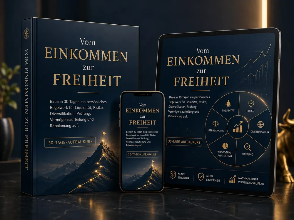 Premium-Kursmockup Vom Einkommen zur Freiheit auf Kursbox, Tablet und Smartphone